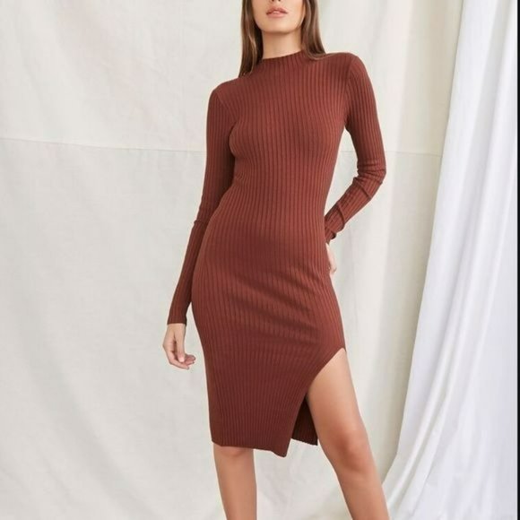 Forever 21 Dresses & Skirts - RELISTED Brown Ribbed Bodycon Midi Dress Slit